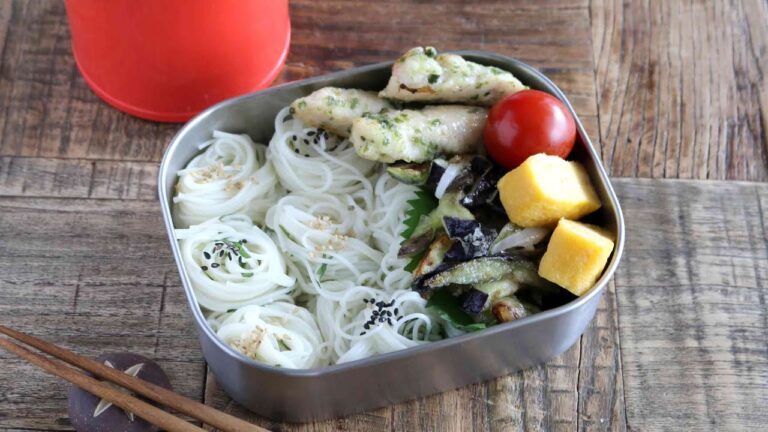 【お弁当作り】ツナと梅のさっぱりダレ!茄子のかき揚げのそうめん弁当bento#905