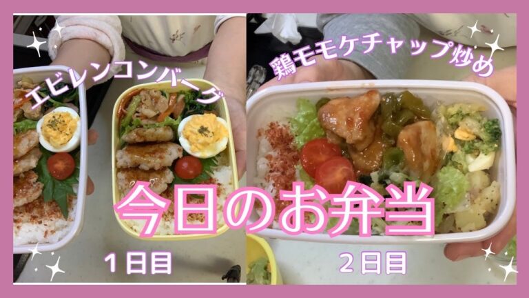 【今日のお弁当】メインのおかずは１日目はえびレンコンバーグ、２日目は鶏肉とピーマンのケチャップ炒めです😊