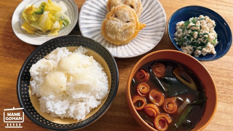 Lily Bulb Rice / Mashed Tofu Salad with Katsuona leaf / Shiitake Mushroom Tempura Lily Bulb Rice / Mashed Tofu Salad with Katsuona leaf / Shiitake Mushroom Tempura