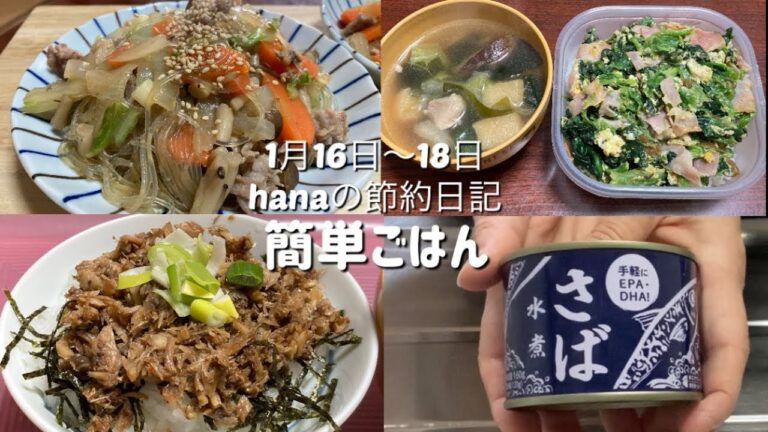 簡単ごはん/春雨炒め/冷凍ほうれん草炒め、鶏汁/さば缶で佃煮