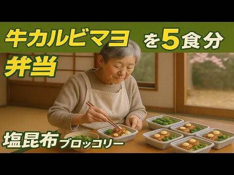 「牛カルビマヨ弁当」を5食分まとめて冷凍！高齢者にも優しい簡単レシピ｜塩昆布ブロッコリー付きで栄養満点