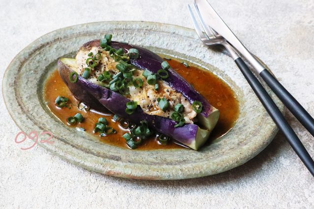 なすと豚のじゅわーとはさみ蒸し